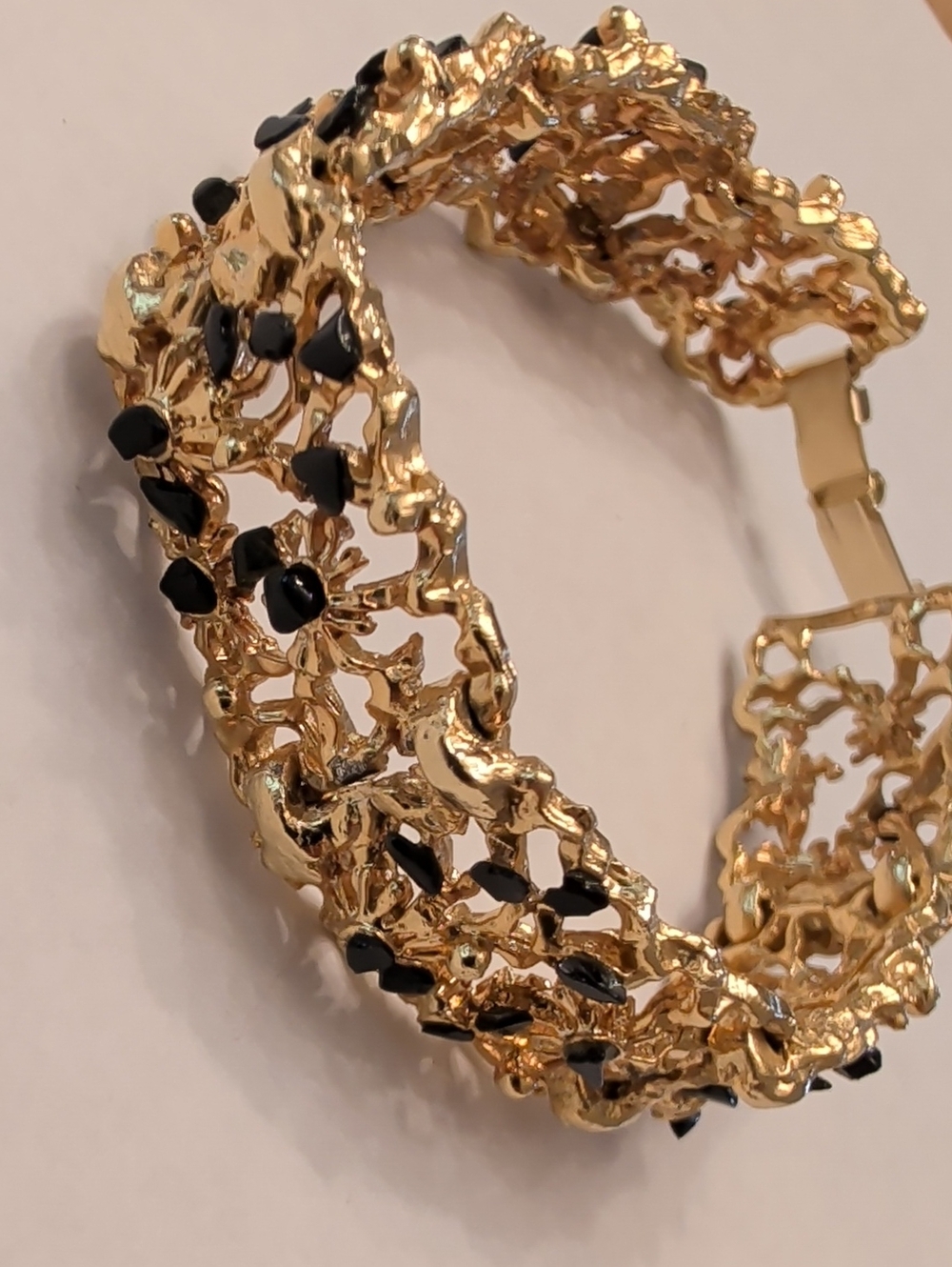 Vintage Gold Filigree Bracelet with Black Accents